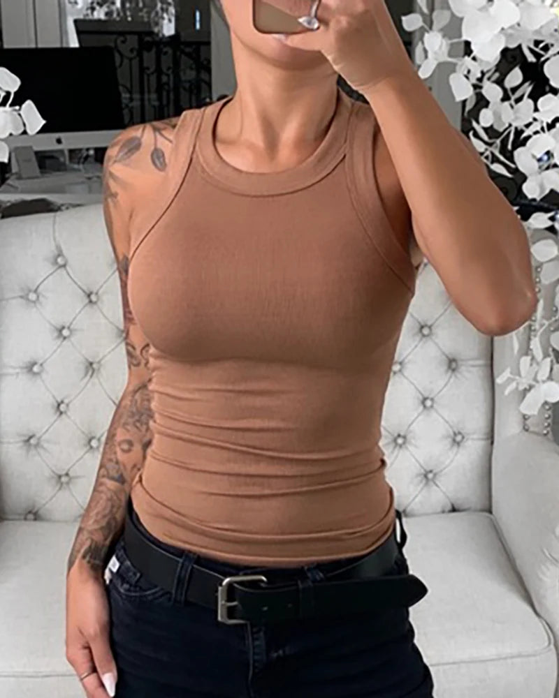 Canotta da donna a costine girocollo