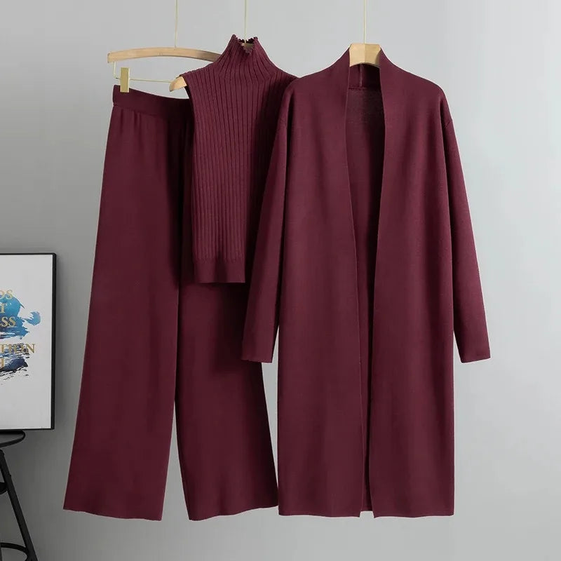 Set donna 3 pezzi in maglia – dolcevita, cardigan e pantaloni