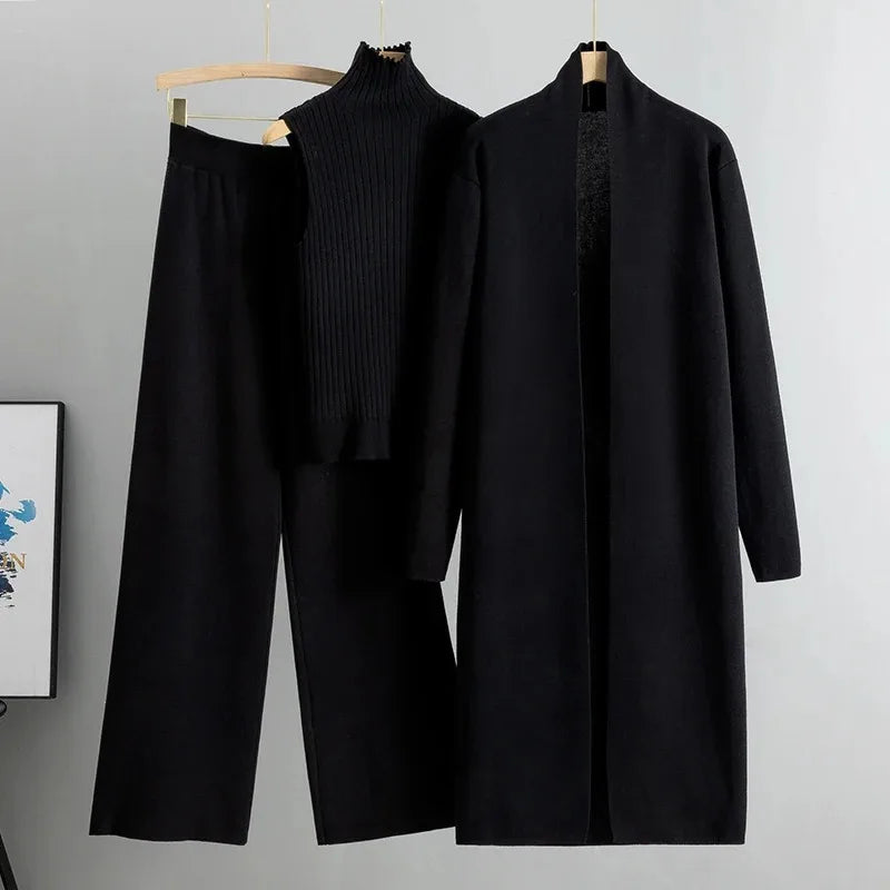 Set donna 3 pezzi in maglia – dolcevita, cardigan e pantaloni